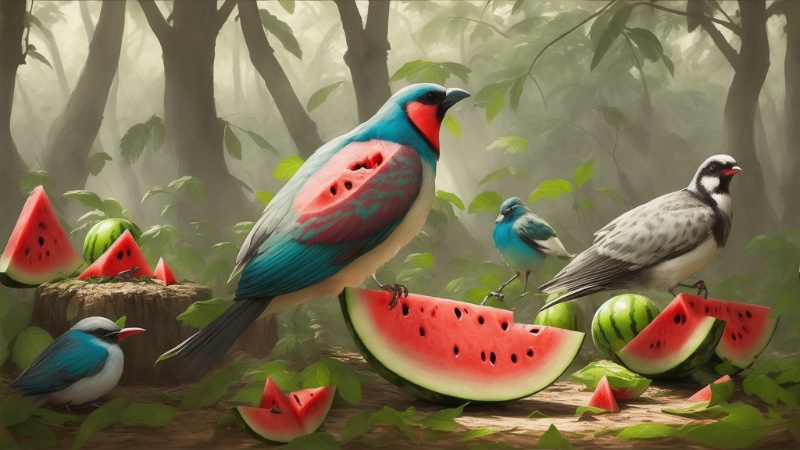Birds eat watermelon